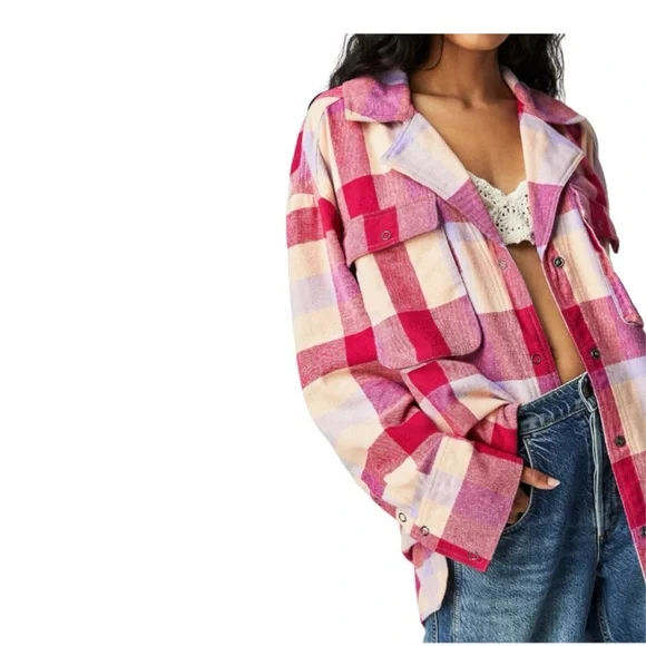 We The Free Red and Pink Plaid Button Down Shirt - Picture 3 of 7